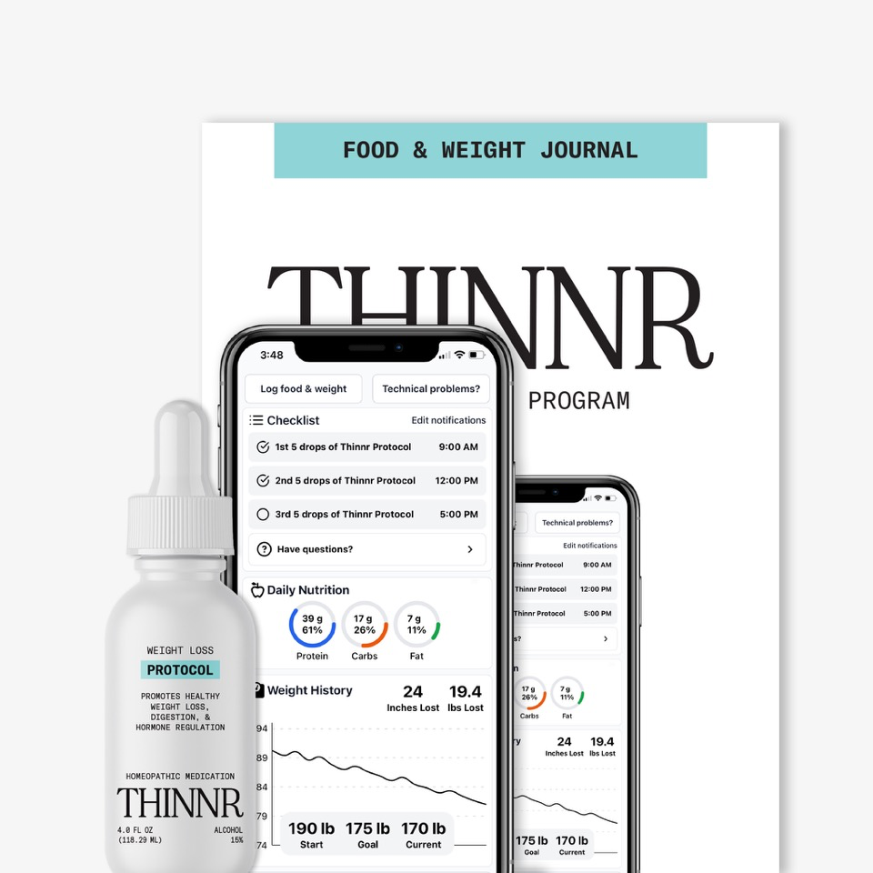 THINNR App, Food & Weight Journal, and Protocol bottle
