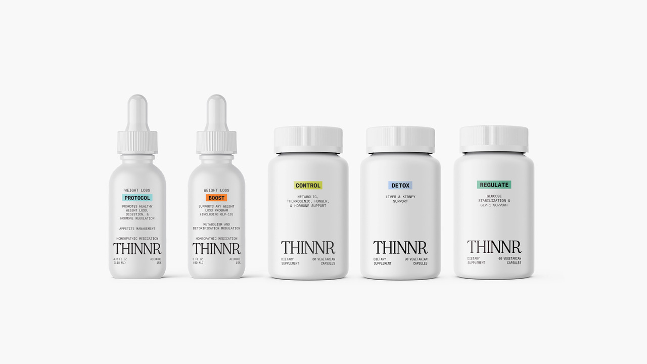 THINNR product lineup — Protocol, Boost, Control, Detox, and Regulate
